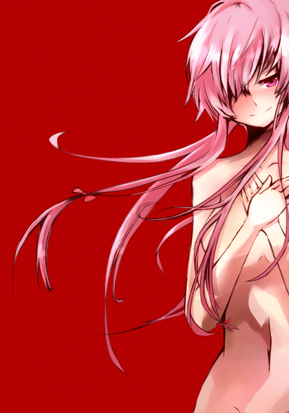 Anime picture 1000x1428 with mirai nikki gasai yuno single long hair tall image looking at viewer blush fringe light erotic simple background smile pink hair pink eyes nude hair over one eye red background girl bow hair bow