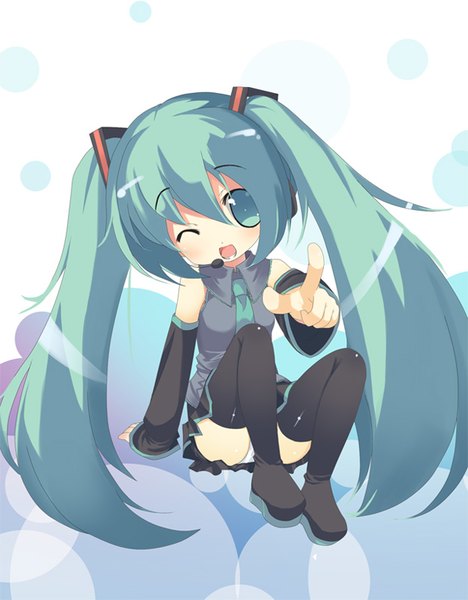 Anime picture 624x800 with vocaloid hatsune miku omiso (omiso) single tall image looking at viewer fringe open mouth light erotic hair between eyes sitting twintails full body very long hair one eye closed aqua eyes wink aqua hair pantyshot pantyshot sitting