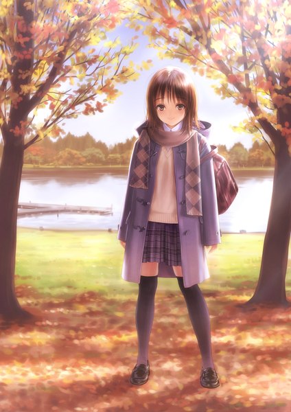 Anime picture 2893x4092 with original goto p single tall image looking at viewer blush fringe highres short hair smile brown hair standing brown eyes outdoors pleated skirt sunlight zettai ryouiki plaid skirt reflection sunbeam