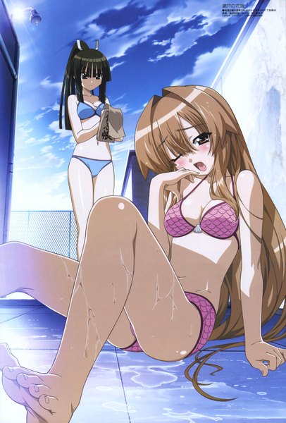 Anime picture 2500x3693 with seto no hanayome seto san tall image highres open mouth light erotic black hair brown hair multiple girls ponytail one eye closed wink wet girl 2 girls swimsuit bikini