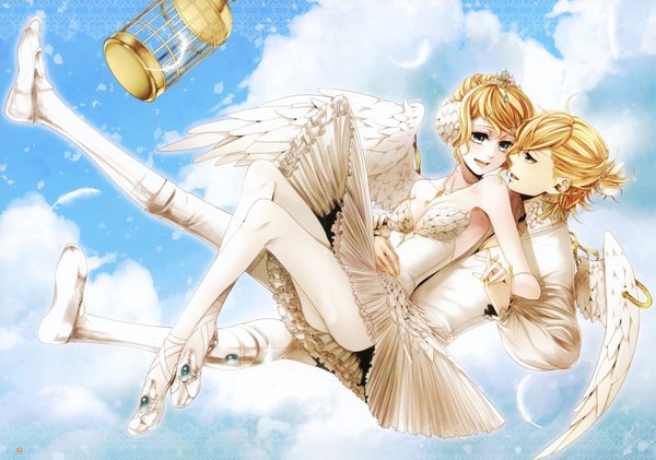 Anime picture 4265x2999 with vocaloid kagamine rin kagamine len suzunosuke (sagula) highres short hair open mouth blonde hair smile holding absurdres sky cloud (clouds) ponytail nail polish profile aqua eyes couple hug holding hands