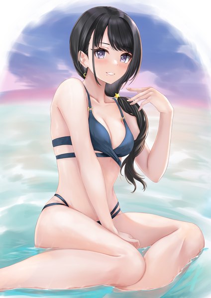 Anime picture 2894x4093 with idolmaster idolmaster shiny colors kazano hiori mossan (mossan-777) single long hair tall image looking at viewer blush fringe highres breasts light erotic black hair smile sitting purple eyes sky cloud (clouds) outdoors