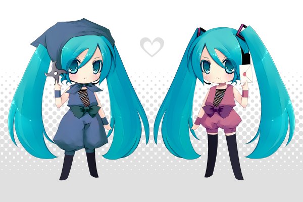 Anime picture 1200x800 with vocaloid hatsune miku michio (fuelmeter) looking at viewer blush standing twintails multiple girls full body very long hair aqua eyes aqua hair chibi dual persona girl thighhighs black thighhighs 2 girls love letter