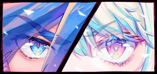 Anime picture 3640x1721 with promare studio trigger lio fotia galo thymos tamaki599 looking at viewer fringe highres blue eyes hair between eyes wide image purple eyes blue hair aqua hair multiple boys border close-up multiview eyes boy