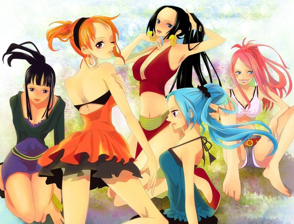 Anime picture 1000x763 with one piece toei animation nami (one piece) nico robin boa hancock nefertari vivi jewelry bonnie himerinco (artist) long hair blush open mouth blue eyes black hair red eyes purple eyes bare shoulders multiple girls blue hair pink hair cleavage