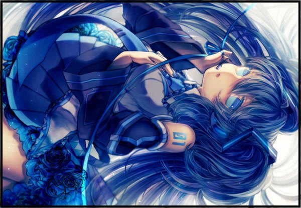 Anime picture 1024x710 with vocaloid hatsune miku yasiromann single long hair looking at viewer open mouth blue eyes twintails blue hair nail polish pleated skirt tattoo hand on chest girl skirt flower (flowers) ribbon (ribbons) detached sleeves necktie