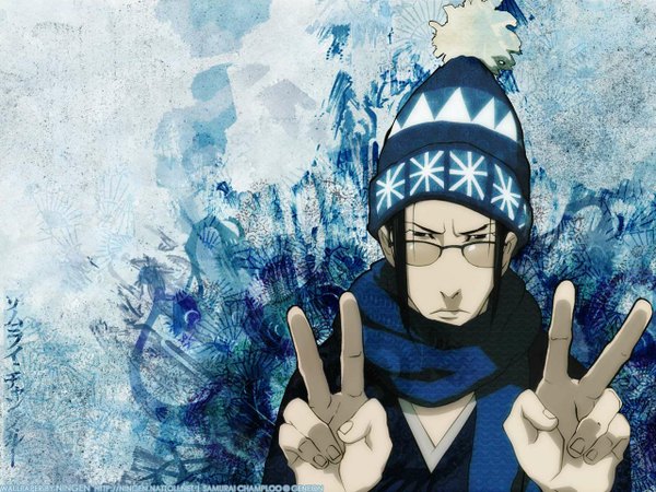 Anime picture 1280x960 with samurai champloo jinnosuke ningen (nattoli) single looking at viewer short hair black hair upper body traditional clothes japanese clothes arm up grey eyes text victory blue background frown boy glasses kimono scarf