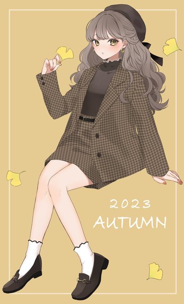 Anime picture 1758x2894 with original koro ten single long hair tall image looking at viewer highres simple background sitting brown eyes full body nail polish grey hair plaid skirt framed yellow background plaid autumn 2023 girl