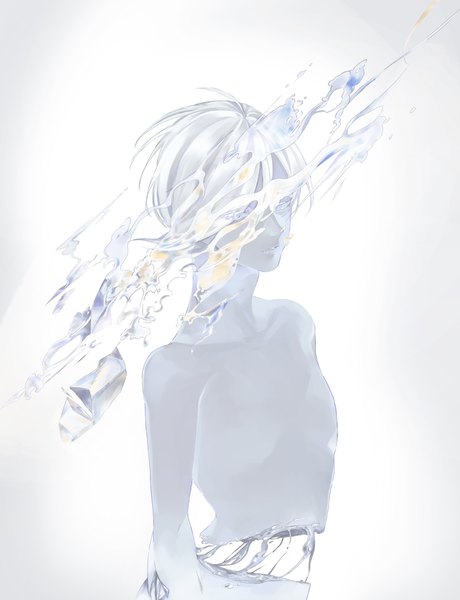 Anime picture 1657x2160 with houseki no kuni antarcticite neronero00 single tall image looking at viewer short hair simple background upper body white hair topless silver eyes androgynous