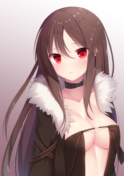 Anime picture 2893x4092 with fate (series) fate/grand order yu mei-ren (fate) firepo916 single long hair tall image looking at viewer blush fringe highres breasts light erotic simple background hair between eyes red eyes brown hair large breasts standing payot