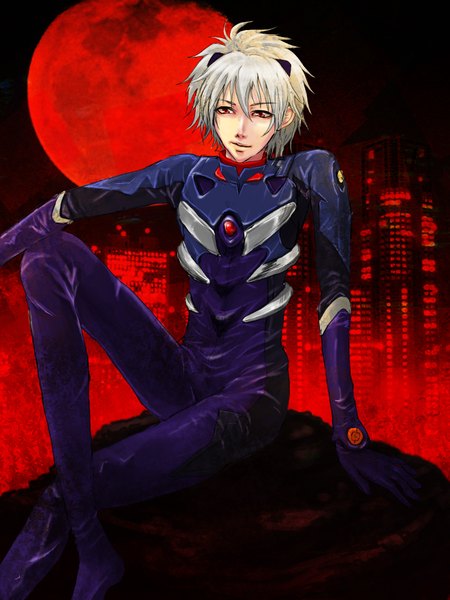 Anime picture 1440x1920 with neon genesis evangelion rebuild of evangelion evangelion: 2.0 you can (not) advance gainax nagisa kaworu rako (pixiv) single tall image short hair red eyes silver hair white hair grey hair night red background red moon boy building (buildings) moon pilot suit
