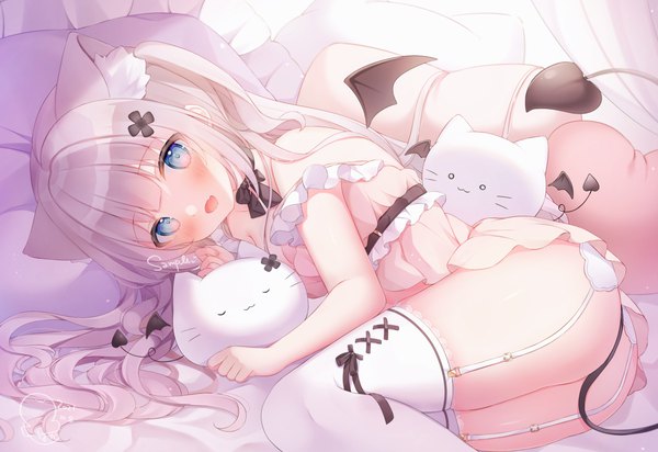 Anime picture 1869x1283 with original omochi monaka single long hair looking at viewer blush fringe highres open mouth blue eyes light erotic smile bare shoulders animal ears payot cleavage silver hair bent knee (knees) ass indoors