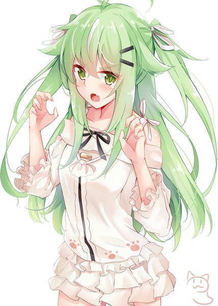 Anime-Bild 1000x1400 mit original nahaki single long hair tall image looking at viewer blush fringe open mouth simple background hair between eyes standing white background green eyes payot ahoge green hair :o fang (fangs) two side up