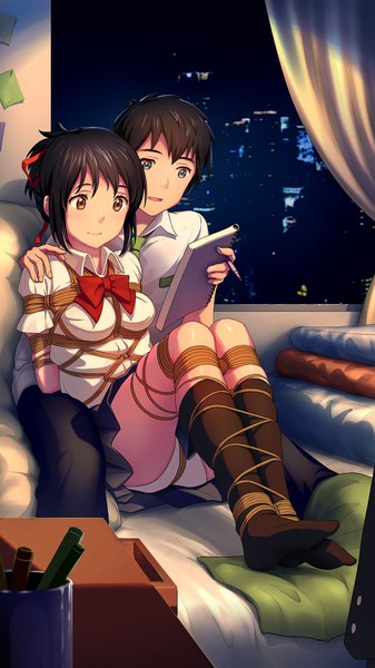 Anime picture 1080x1920 with kimi no na wa miyamizu mitsuha tachibana taki tokinohimitsu tall image blush fringe short hair breasts open mouth blue eyes light erotic black hair hair between eyes sitting holding brown eyes bent knee (knees) indoors pleated skirt