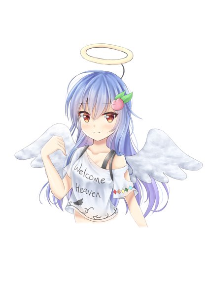Anime picture 2480x3508 with touhou hinanawi tenshi hecatia lapislazuli akiteru98 single long hair tall image looking at viewer fringe highres simple background smile hair between eyes red eyes white background blue hair off shoulder angel wings cosplay clothes writing