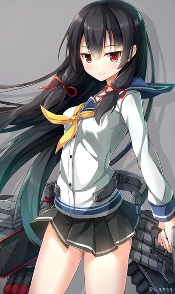 Anime picture 696x1169 with kantai collection isokaze destroyer rin yuu single long hair tall image looking at viewer blush black hair smile red eyes tress ribbon girl skirt ribbon (ribbons) weapon hair ribbon miniskirt sailor suit