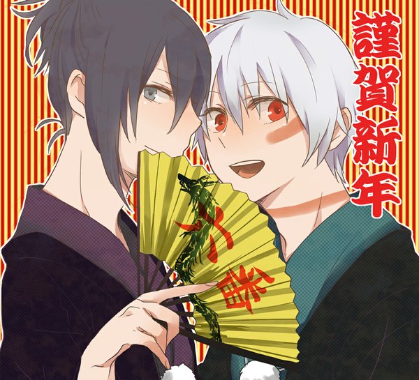 Anime picture 1100x1000 with no.6 studio bones nezumi (no.6) shion (no.6) aruko short hair open mouth black hair red eyes white hair light smile inscription grey eyes hieroglyph fan dragon