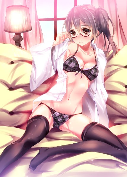 Anime picture 858x1200 with original fukuda shuushi long hair tall image blush breasts light erotic brown eyes ponytail grey hair open clothes open shirt side ponytail girl thighhighs navel underwear panties black thighhighs shirt