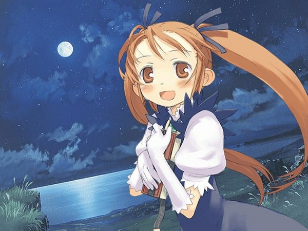 Anime picture 1024x768 with summon night summon night 3 alieze martini (summon night) single long hair blush fringe open mouth brown hair twintails brown eyes cloud (clouds) :d night night sky landscape jpeg artifacts girl gloves ribbon (ribbons)