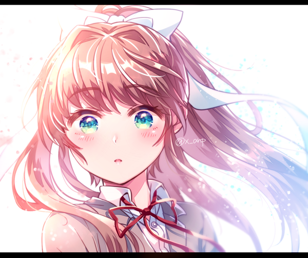 Anime picture 900x753 with doki doki literature club monika (doki doki literature club) aicedrop single long hair looking at viewer blush fringe open mouth simple background brown hair green eyes signed upper body ponytail blunt bangs blurry :o twitter username floating hair