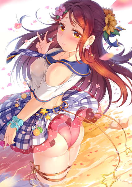 Anime-Bild 1000x1412 mit love live! sunshine!! sunrise (studio) love live! sakurauchi riko miazi single long hair tall image blush fringe breasts light erotic standing yellow eyes ass red hair looking back hair flower fingernails light smile