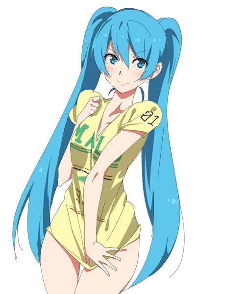 Anime picture 800x1044 with vocaloid hatsune miku itoshige single tall image looking at viewer blush fringe breasts blue eyes light erotic simple background standing white background twintails blue hair ahoge lips bare legs embarrassed