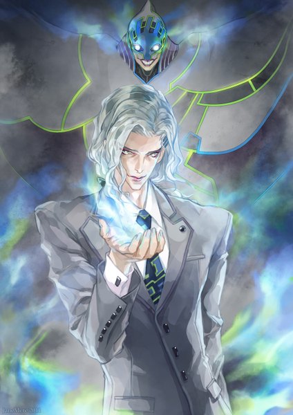 Anime picture 1060x1500 with tiger & bunny sunrise (studio) yuri petrov lunatic (tiger & bunny) jane mere tall image silver hair glowing glowing eye (eyes) silver eyes boy necktie cloak mask suit