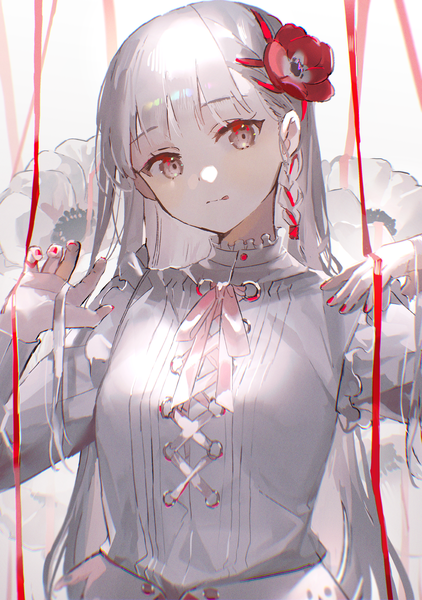 Anime-Bild 2881x4096 mit original oyuyu single long hair tall image looking at viewer fringe highres standing brown eyes silver hair upper body blunt bangs nail polish head tilt hair flower anaglyph :q red nail polish floral background