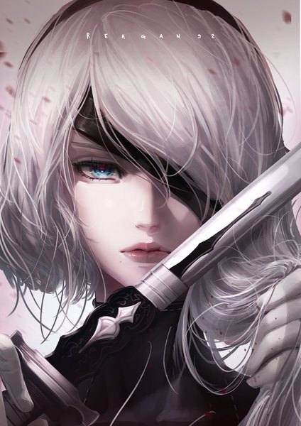 Anime picture 800x1132 with nier nier:automata yorha no. 2 type b yorha type a no. 2 reagan single long hair tall image looking at viewer fringe blue eyes simple background hair between eyes holding signed silver hair upper body lips mole lipstick
