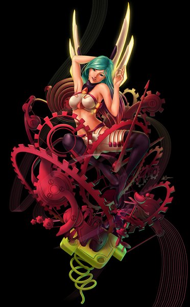 Anime picture 620x1000 with poibuts single long hair tall image looking at viewer breasts light erotic simple background smile green hair lips bare belly armpit (armpits) heterochromia black background girl