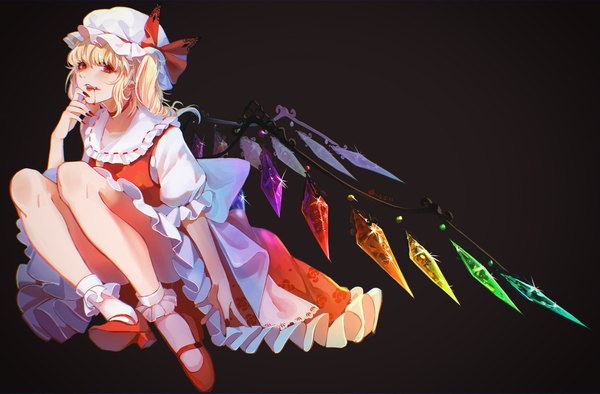 Anime picture 2048x1348 with touhou flandre scarlet chouko (butterfly child) single looking at viewer highres short hair open mouth blonde hair red eyes sitting full body nail polish fingernails sparkle short sleeves fang (fangs) puffy sleeves one side up black background