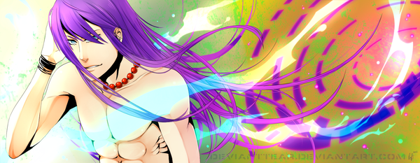 Anime picture 1653x644 with vocaloid kamui gakupo devianttear (artist) single long hair looking at viewer fringe blue eyes wide image from above wind alternate hairstyle muscle shirtless hair down boy beads