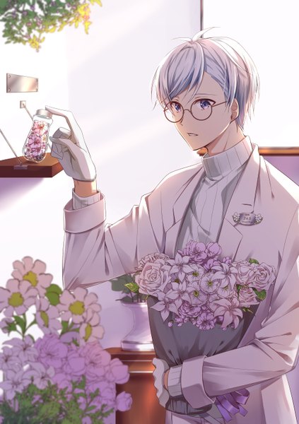 Anime picture 2039x2894 with idolish 7 osaka sougo mannjuu7 single tall image looking at viewer highres short hair standing purple eyes holding silver hair ahoge indoors a bouquet for you boy gloves flower (flowers) glasses white gloves