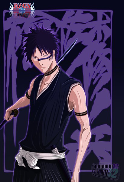 Anime picture 800x1171 with bleach studio pierrot hisagi shuuhei abuamin32 single tall image short hair purple hair traditional clothes japanese clothes inscription grey eyes tattoo coloring muscle boy weapon sword belt kimono