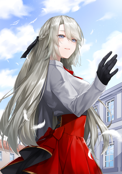 Anime picture 900x1275 with original lydia macarthur waka (shark waka) single long hair tall image blush fringe open mouth blonde hair hair between eyes standing looking away sky cloud (clouds) outdoors braid (braids) from below grey eyes half updo
