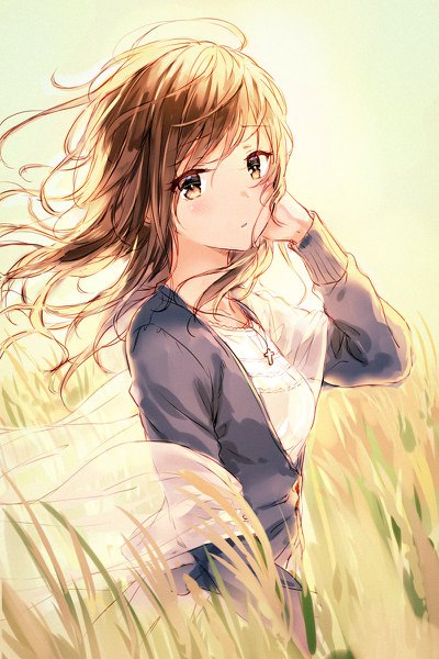 Anime picture 800x1200 with original hiten (hitenkei) single long hair tall image looking at viewer blush simple background brown hair brown eyes ahoge parted lips wind :o messy hair field girl cross cross necklace