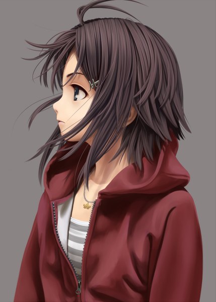 Anime picture 929x1300 with original nekopuchi single tall image short hair blue eyes black hair simple background ahoge profile girl jacket