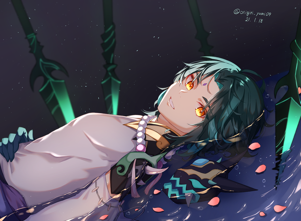 Anime picture 4500x3300 with genshin impact xiao (genshin impact) onigiri yumi09 single looking at viewer highres short hair signed absurdres parted lips green hair orange eyes twitter username partially submerged turning head dated forehead mark afloat boy weapon