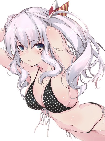 Anime picture 668x890 with kantai collection kashima training cruiser yumesato makura single long hair tall image looking at viewer fringe breasts light erotic simple background hair between eyes large breasts white background twintails silver hair sideboob adjusting hair girl navel