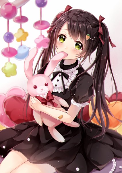 Anime picture 838x1182 with original sakura hiyori single long hair tall image looking at viewer blush black hair twintails green eyes girl dress bow ribbon (ribbons) hair bow hair ribbon black dress toy stuffed animal stuffed toy