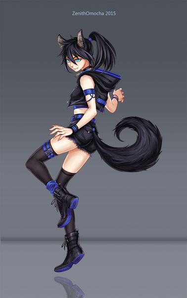 Anime picture 674x1069 with original zenithomocha single long hair tall image looking at viewer fringe blue eyes black hair simple background smile signed animal ears ahoge bent knee (knees) ponytail tail animal tail grey background teeth
