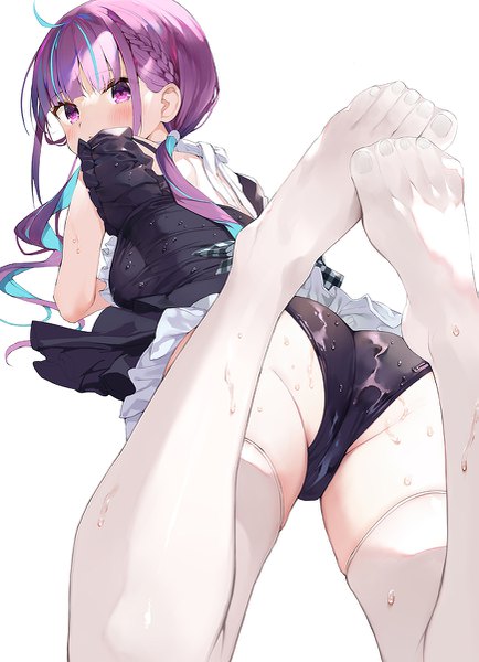 Anime picture 869x1200 with virtual youtuber hololive minato aqua gaou (umaiyo puyoman) single long hair tall image looking at viewer blush fringe breasts light erotic simple background white background purple eyes twintails purple hair ahoge bent knee (knees) lying