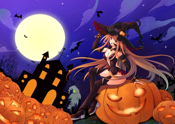 Anime picture 1200x849 with original akahiko mei single long hair open mouth light erotic brown hair brown eyes night halloween girl hat detached sleeves animal boots moon cat witch hat vegetables jack-o'-lantern