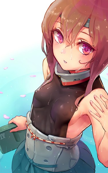 Anime picture 700x1114 with kantai collection taihou armored aircraft carrier evers (artist) single tall image looking at viewer short hair light erotic brown hair purple eyes bare shoulders from above wet erect nipples covered nipples girl petals water