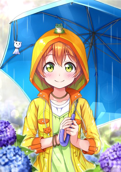 Anime picture 717x1022 with love live! school idol project sunrise (studio) love live! hoshizora rin harunabe (refresh star) single tall image looking at viewer blush fringe short hair smile hair between eyes standing green eyes upper body outdoors orange hair lens flare rain