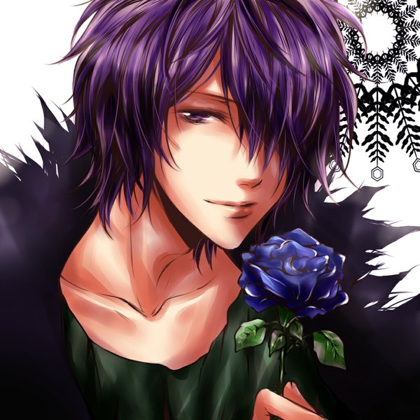 Anime picture 1024x1024 with ib (game) garry (ib) single fringe short hair simple background purple eyes purple hair hair over one eye boy flower (flowers) coat blue rose