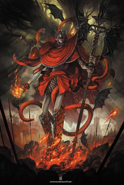 Anime-Bild 1200x1790 mit elden ring messmer the impaler coliandre single long hair tall image looking at viewer standing signed full body red hair from below boy weapon animal cape helmet spear flame snake