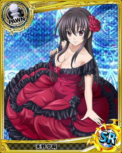 Anime picture 640x800 with highschool dxd raynare (dxd) single long hair tall image looking at viewer blush breasts light erotic black hair smile purple eyes bare shoulders cleavage hair flower card (medium) girl dress hair ornament flower (flowers)