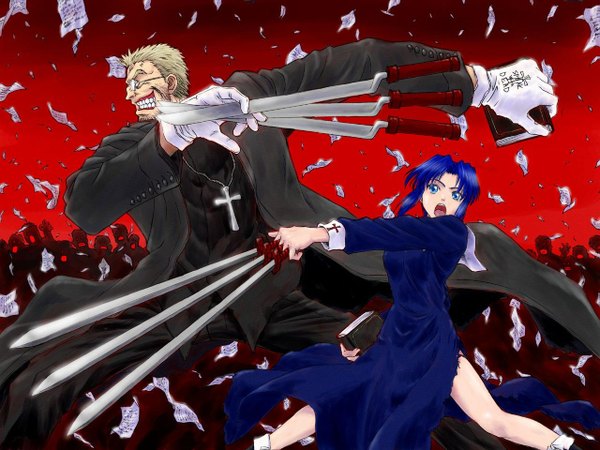 Anime picture 1280x960 with shingetsutan tsukihime hellsing type-moon ciel (tsukihime) short hair open mouth blue eyes blonde hair blue hair crossover priest girl boy gloves weapon glasses white gloves book (books) cross cross necklace