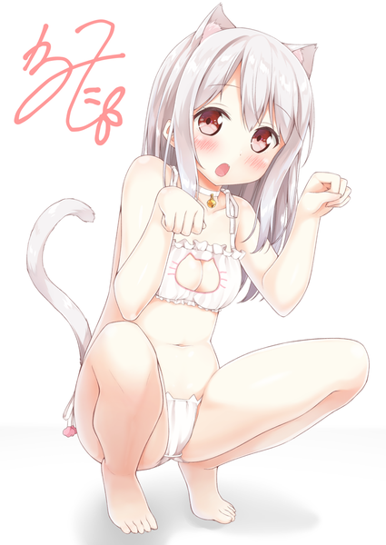 Anime picture 1003x1416 with original tisshu (karutamo) karutamo single long hair tall image looking at viewer blush fringe breasts open mouth light erotic simple background white background bare shoulders signed animal ears payot silver hair bent knee (knees)